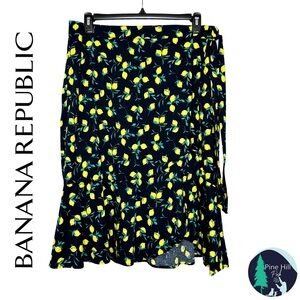 Banana Republic Midi Skirt Size 18 Lemon Print Trumpet Faux Wrap Tiered Ruffles